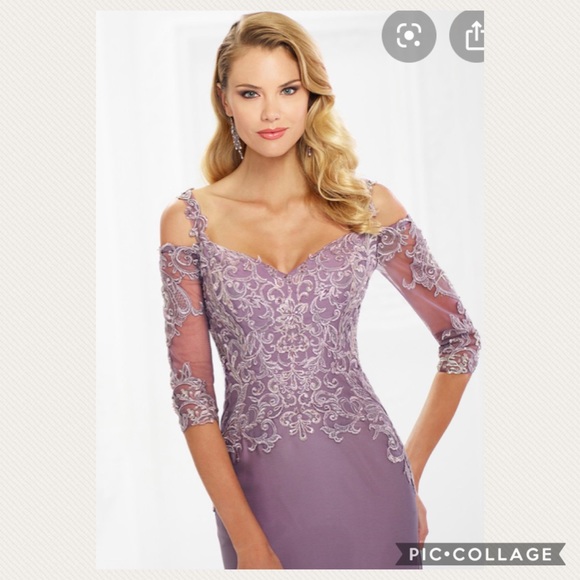 Mon Cheri off the shoulder lace bodice 3/4 sleeves long gown